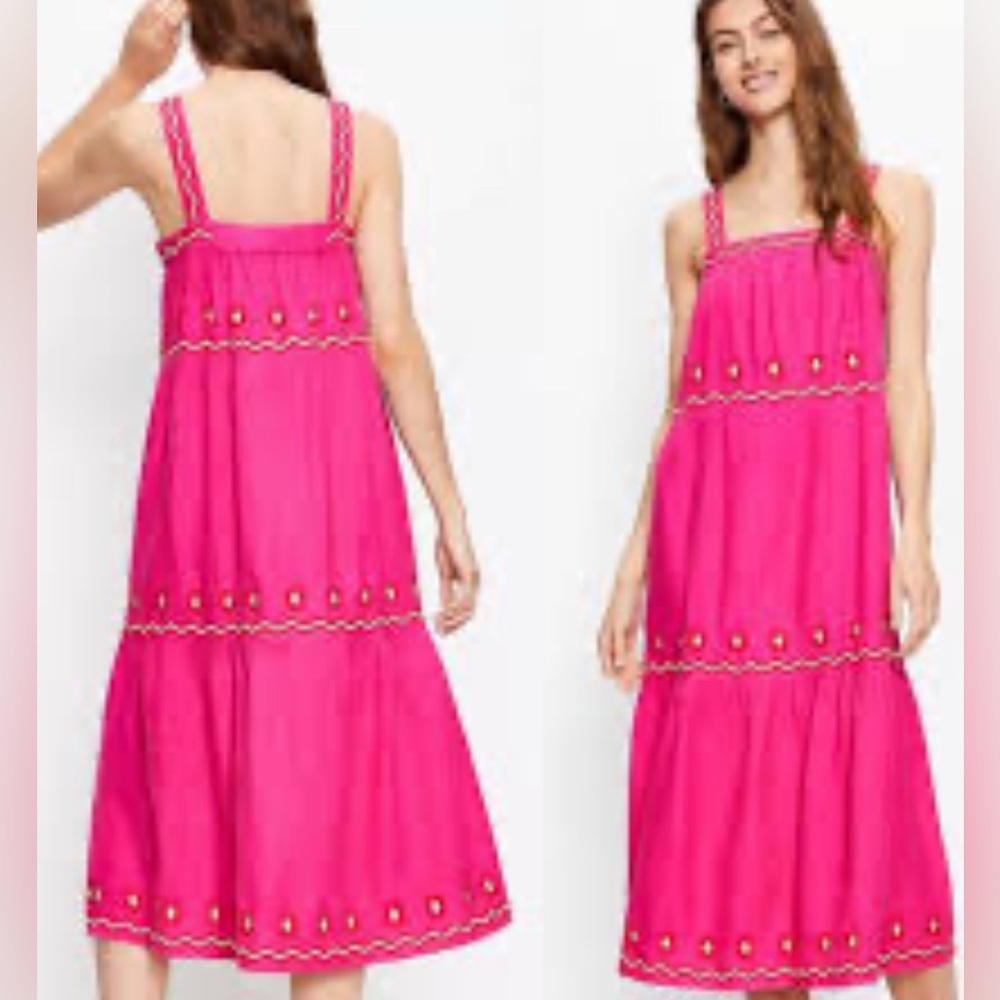 LOFT Pink Linen Blend Embroidered Tier Midi Dress in size XSP
